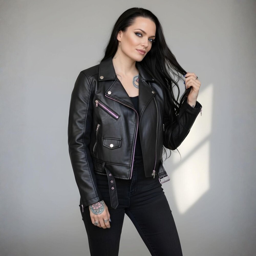 Ashley ✦ Black Cropped Moto Jacket ✦ Asymmetrical Zip w/ Belted Waist L EUC
